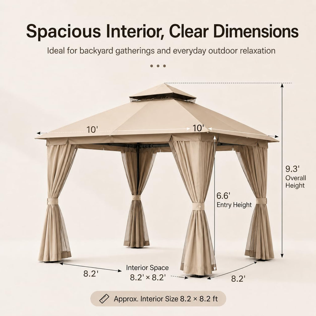 10'x10' Heavy Duty Metal Outdoor Gazebo with Double Roof, Mosquito Netting & Privacy Curtains, Khaki F994