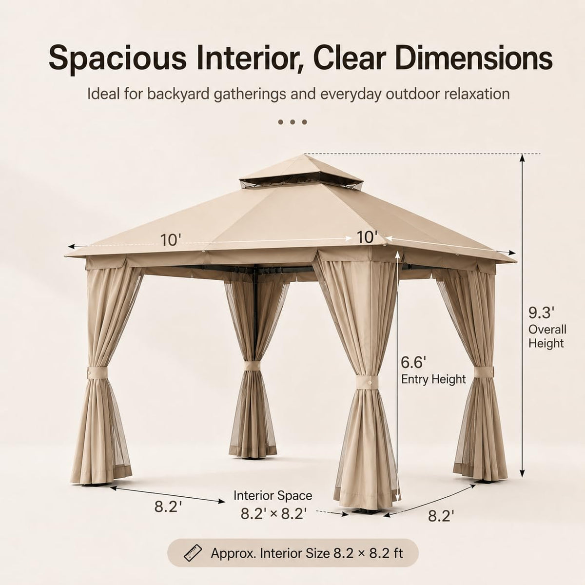 10'x10' Heavy Duty Metal Outdoor Gazebo with Double Roof, Mosquito Netting & Privacy Curtains, Khaki F994