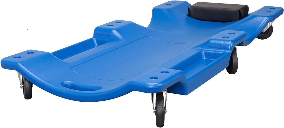 Blue Plastic Rolling Garage Creeper with Padded Headrest and 6 Casters A2497