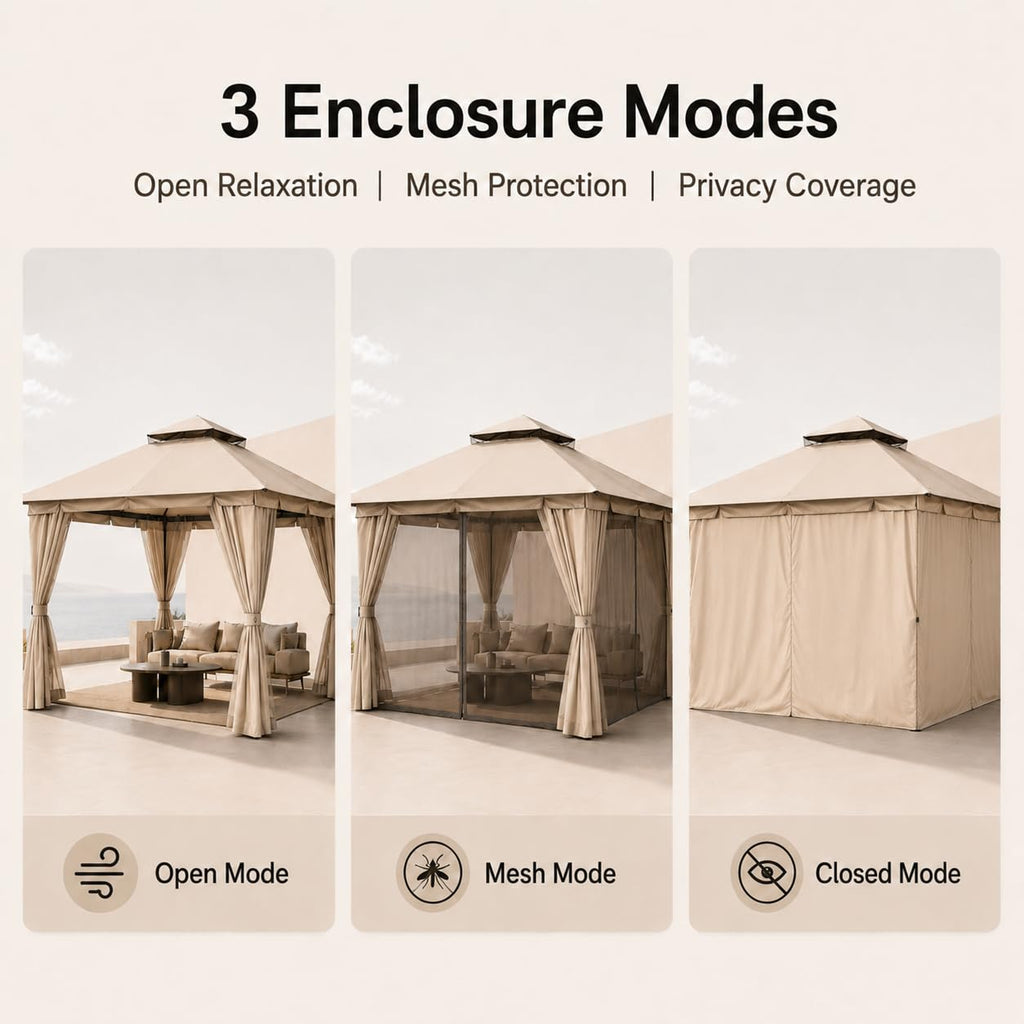 10'x10' Heavy Duty Metal Outdoor Gazebo with Double Roof, Mosquito Netting & Privacy Curtains, Khaki F994