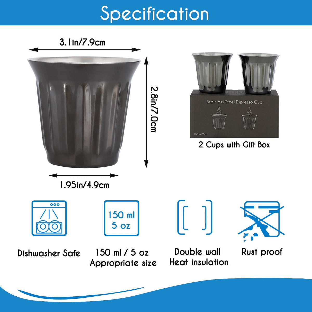 French Press 12 oz, Stainless Steel Double-Wall Espresso Cups 5 oz Set of 2 X8663
