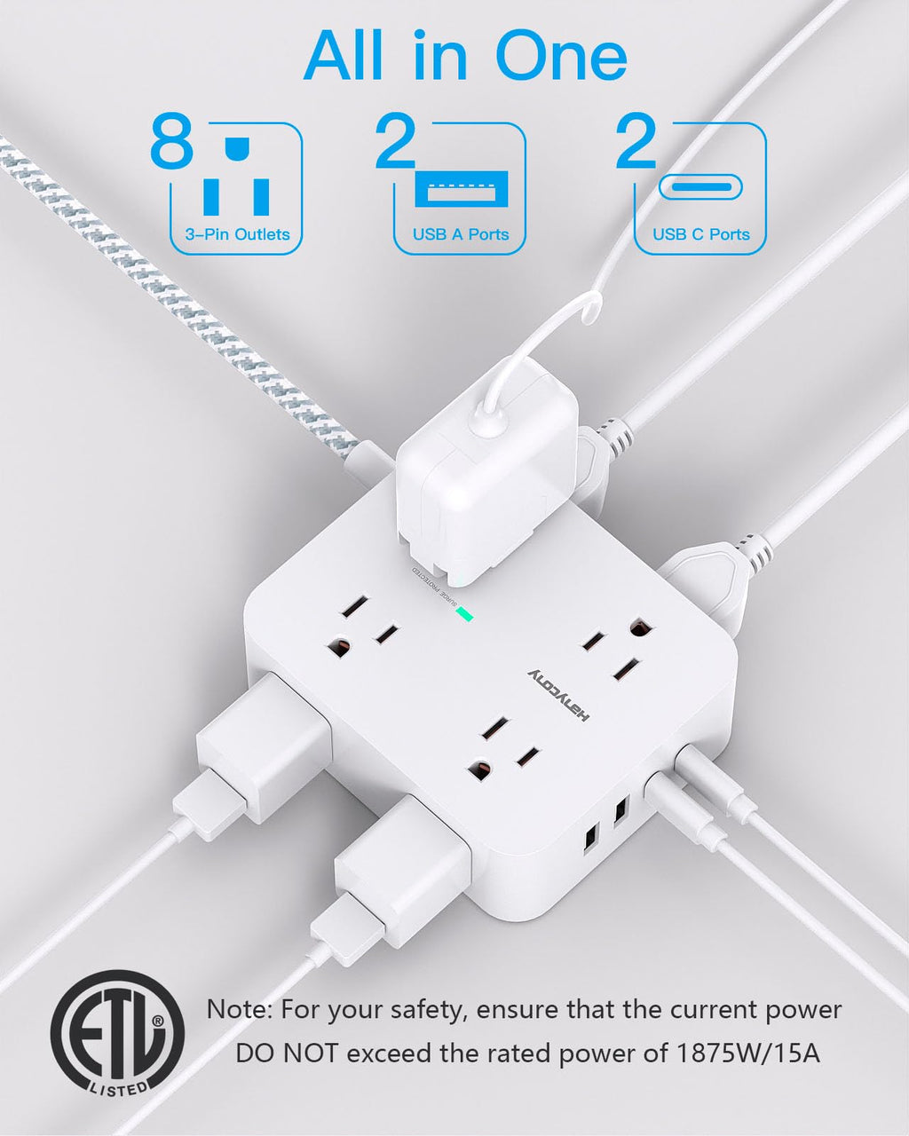 Surge Protector Power Strip 5 Ft Braided Extension Cord S496