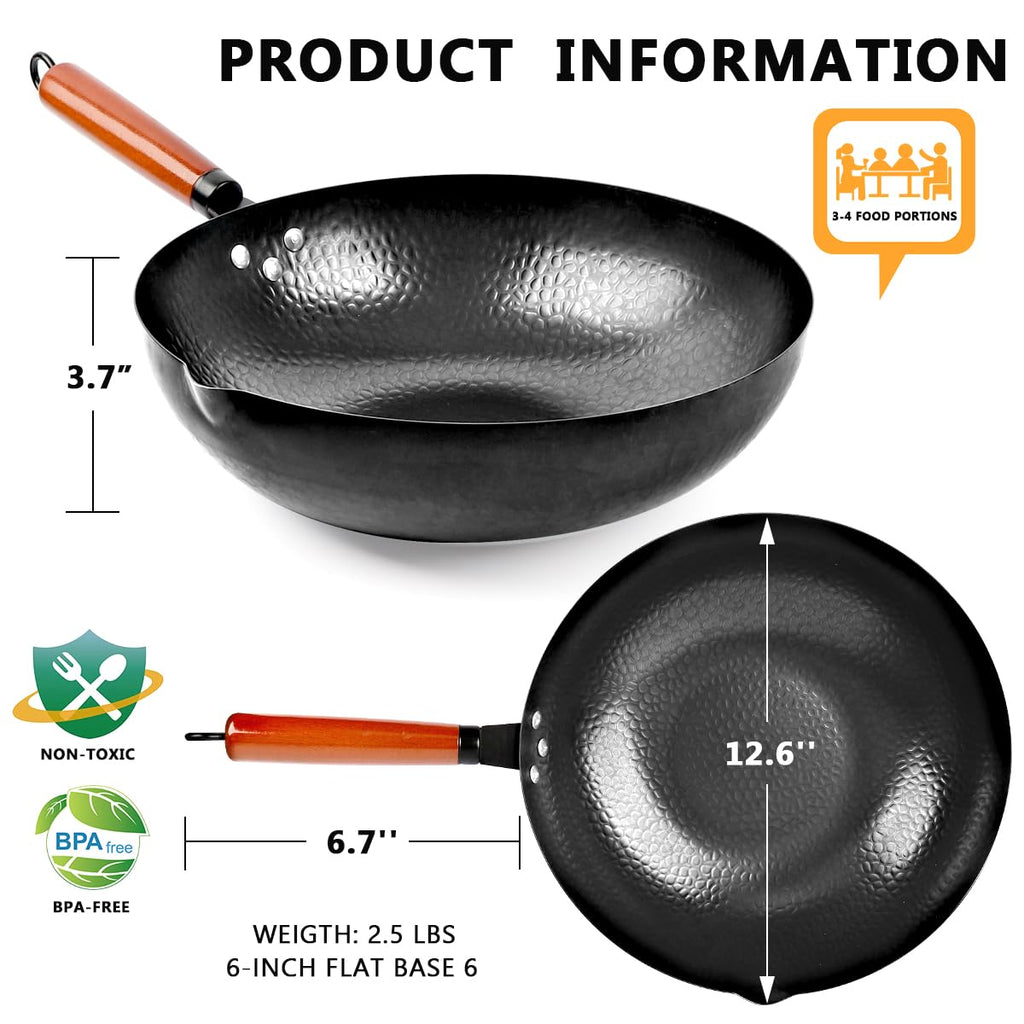 14 Piece Carbon Steel Wok Pan Set with Wooden Lid Y87298