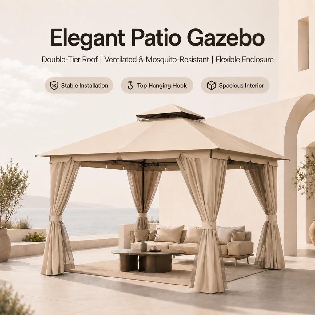 10'x10' Heavy Duty Metal Outdoor Gazebo with Double Roof, Mosquito Netting & Privacy Curtains, Khaki F994