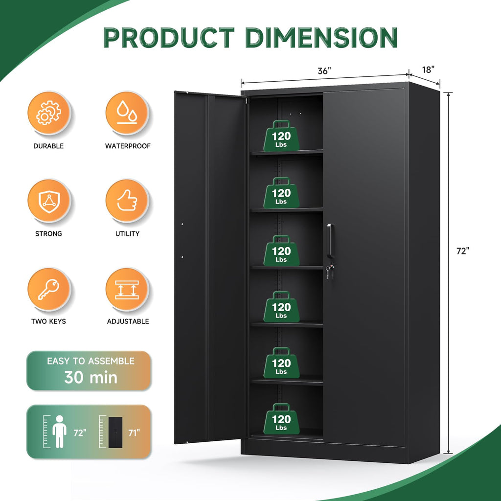 Metal Garage Storage Cabinets with Lock, 72 Tall Steel Lockers, 5 Adjustable Shelves, Black L835