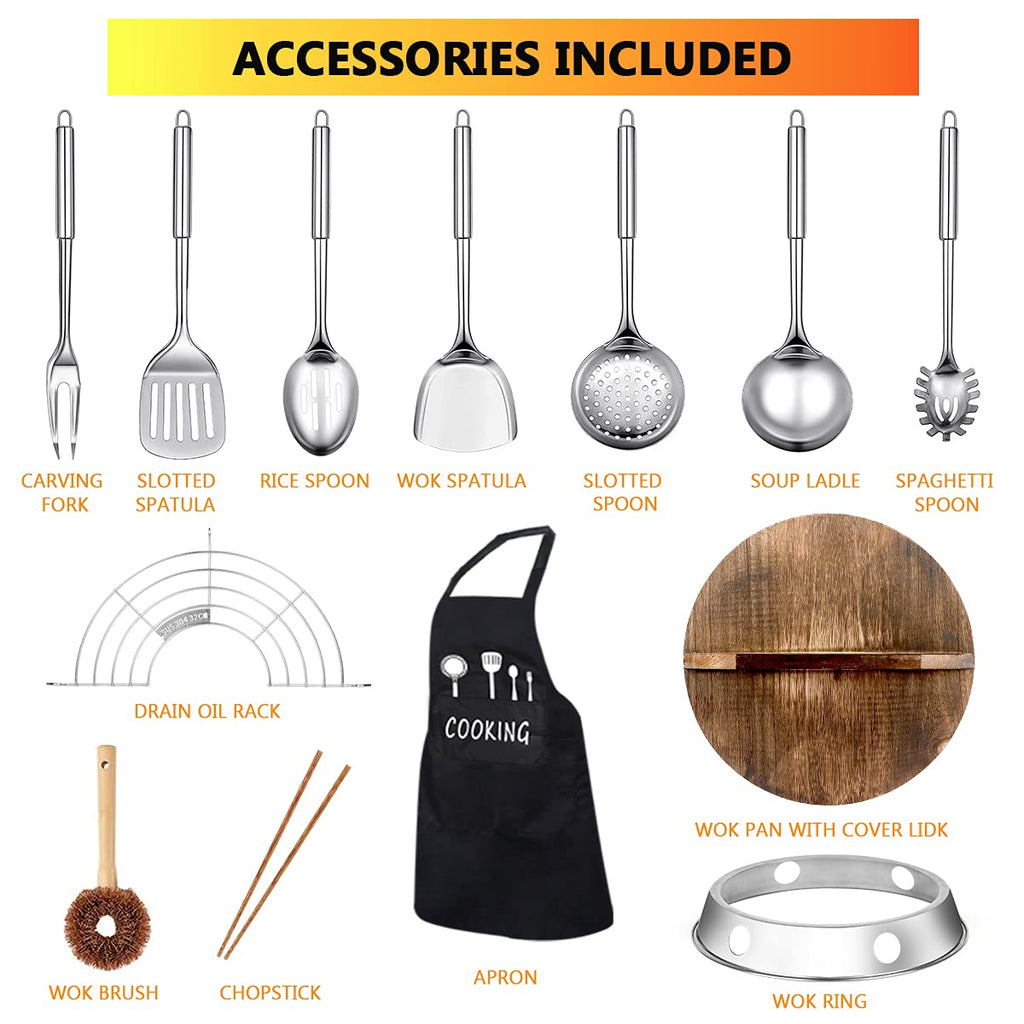 14 Piece Carbon Steel Wok Pan Set with Wooden Lid Y87298