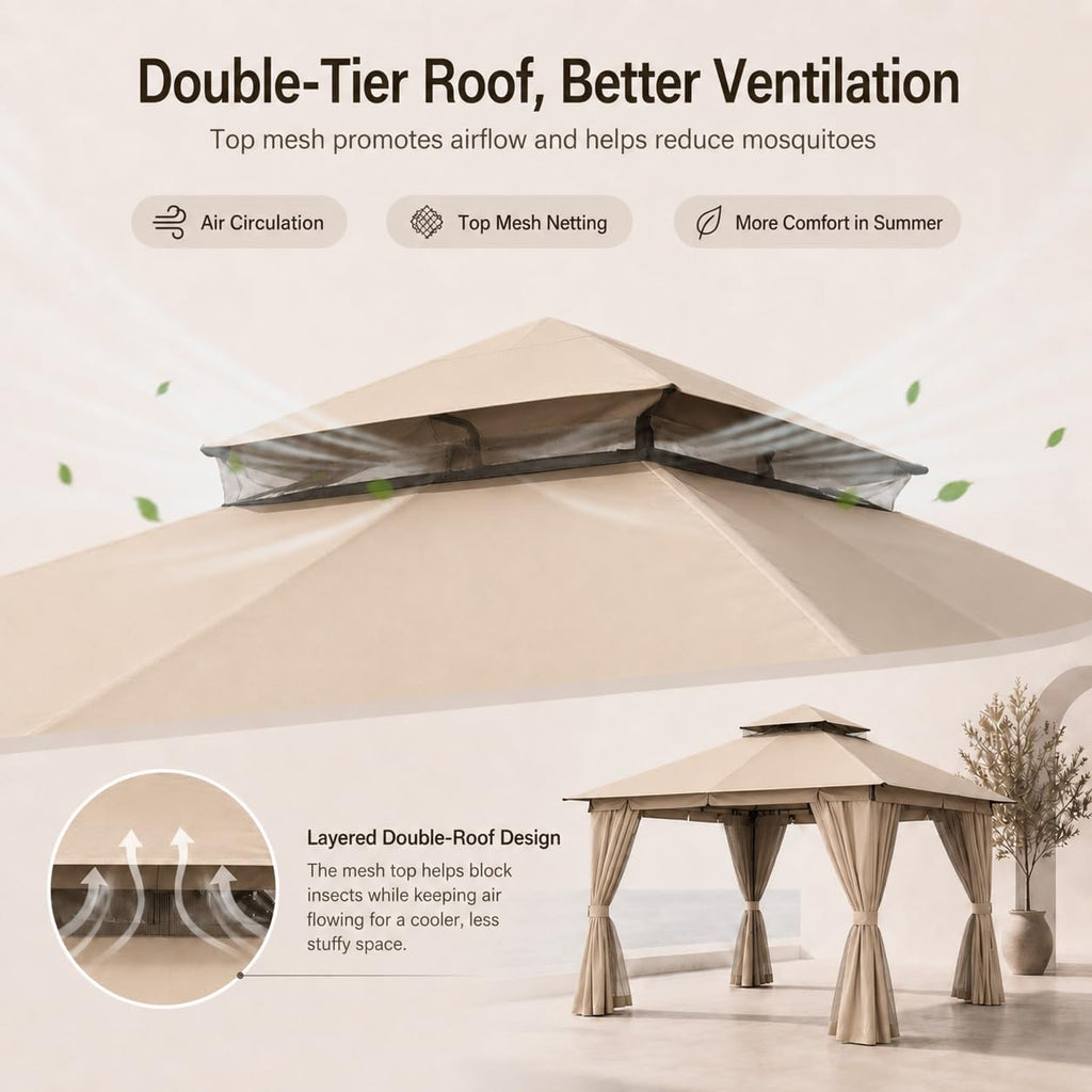 10'x10' Heavy Duty Metal Outdoor Gazebo with Double Roof, Mosquito Netting & Privacy Curtains, Khaki F994