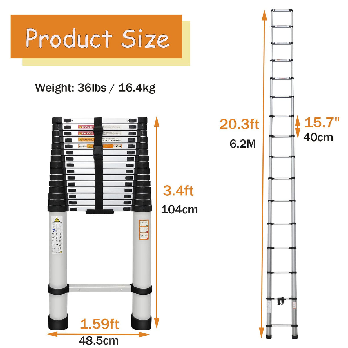 20.3ft Aluminum Telescoping Ladder with Hooks V3653