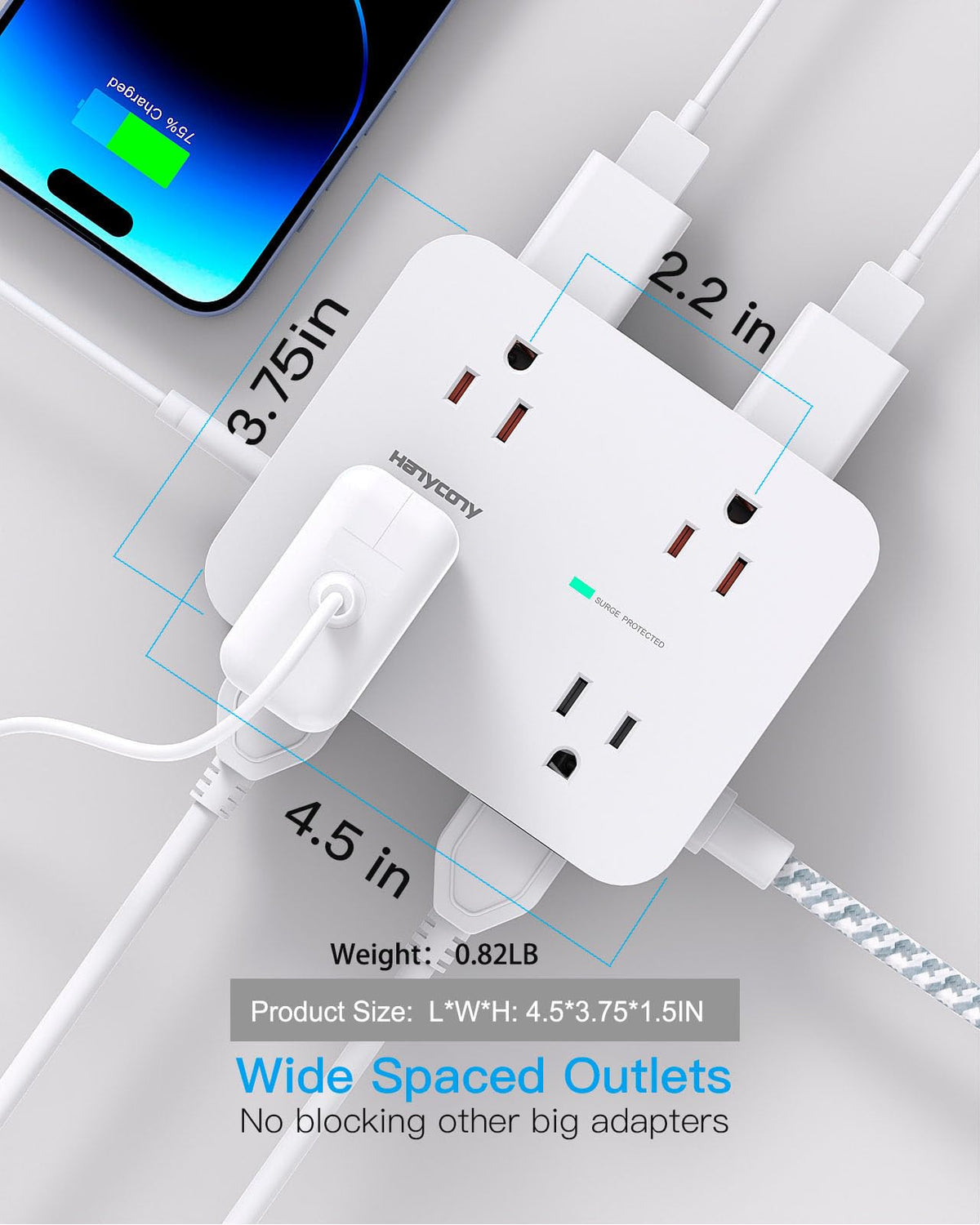 Surge Protector Power Strip 5 Ft Braided Extension Cord S496