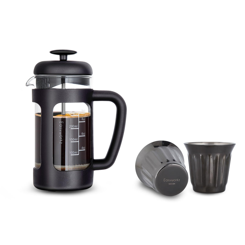 French Press 12 oz, Stainless Steel Double-Wall Espresso Cups 5 oz Set of 2 X8663