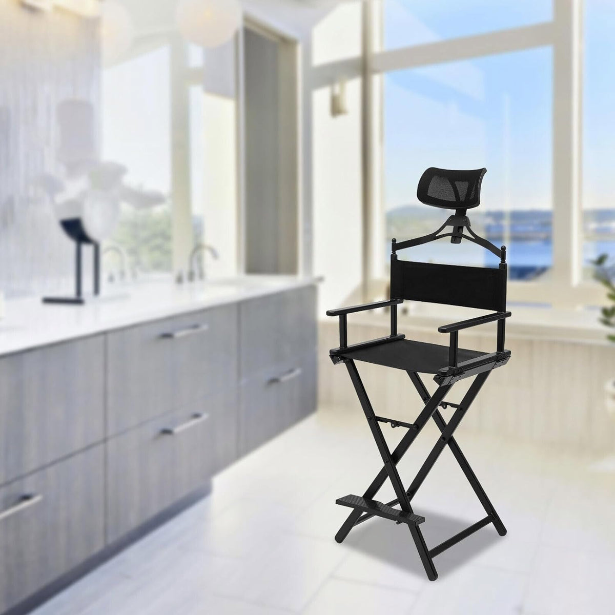Extra Tall Foldable Makeup Artist Stool Chair with Head Rest C61416