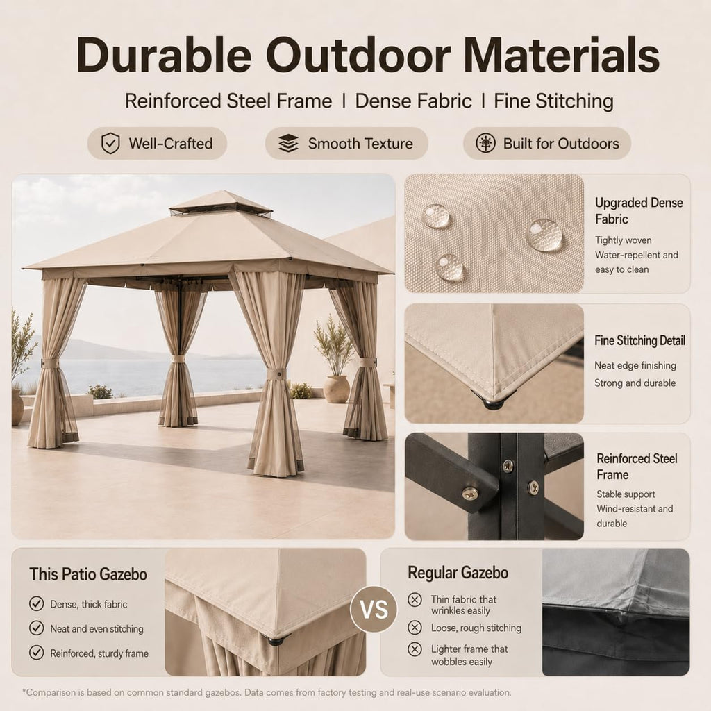 10'x10' Heavy Duty Metal Outdoor Gazebo with Double Roof, Mosquito Netting & Privacy Curtains, Khaki F994