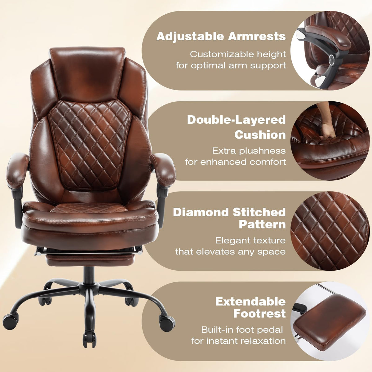 Brown Leather Reclining Office Desk Chair with Foot Rest U693