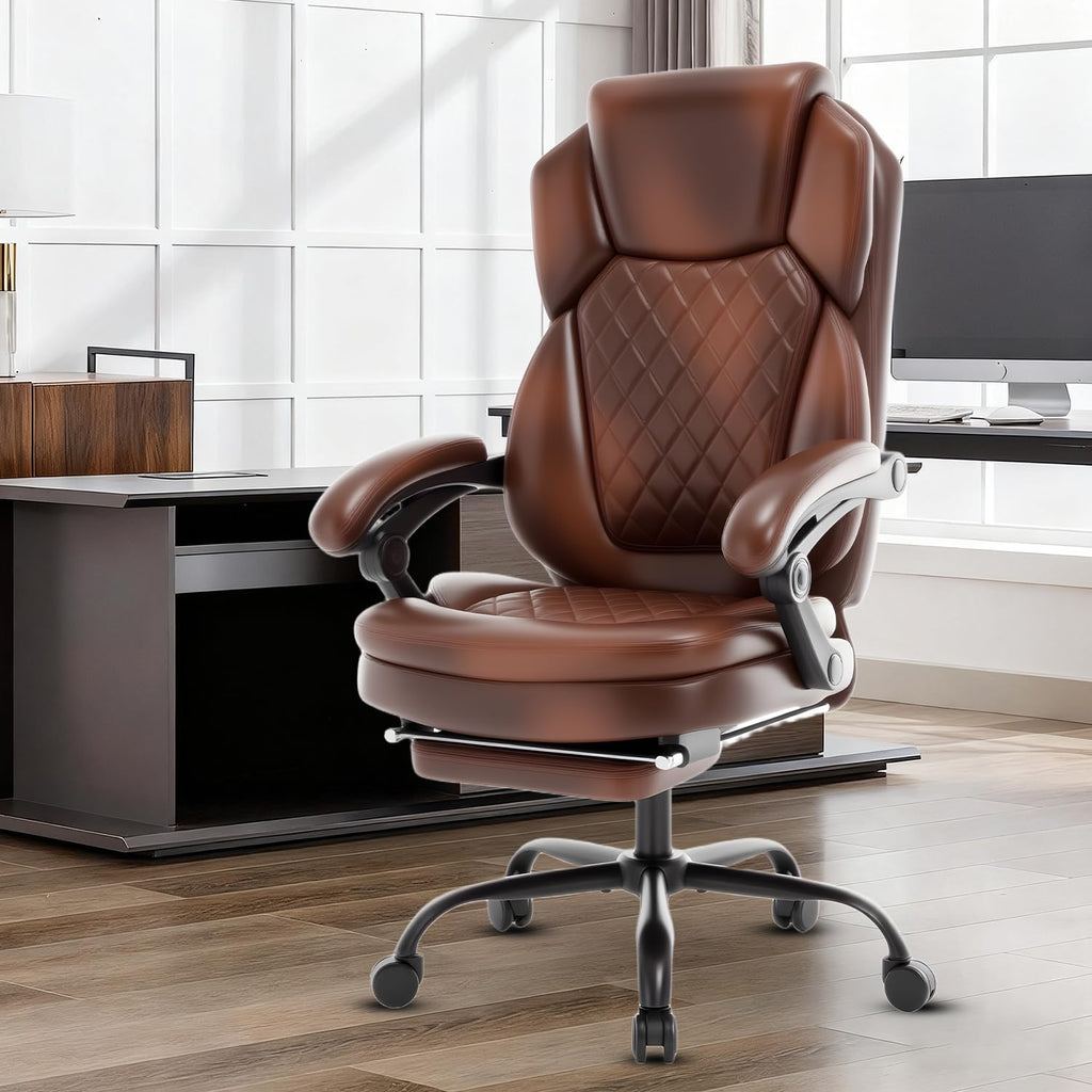 Brown Leather Reclining Office Desk Chair with Foot Rest U693