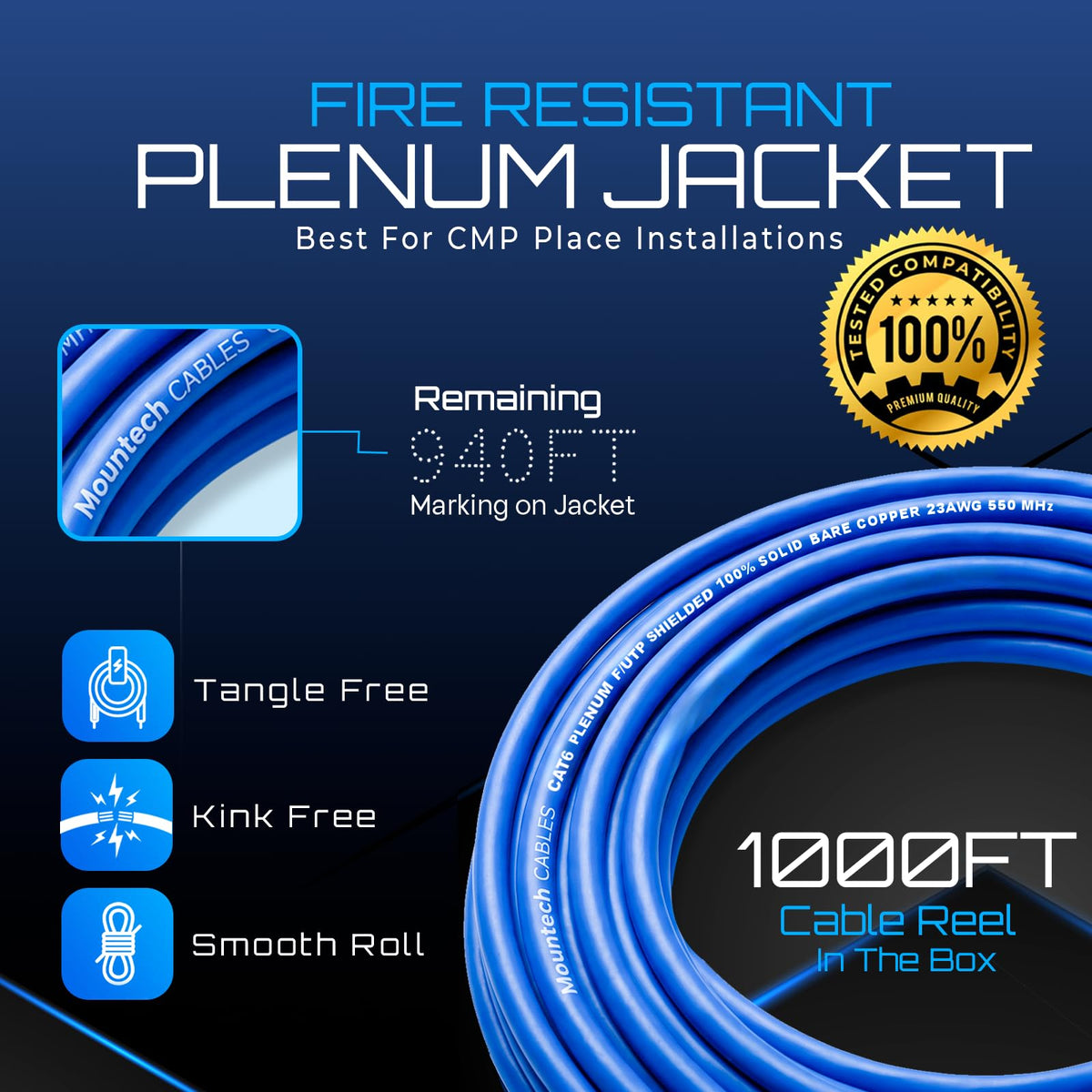 Blue Cat6 Shielded Plenum Ethernet Cable 1000FT W357