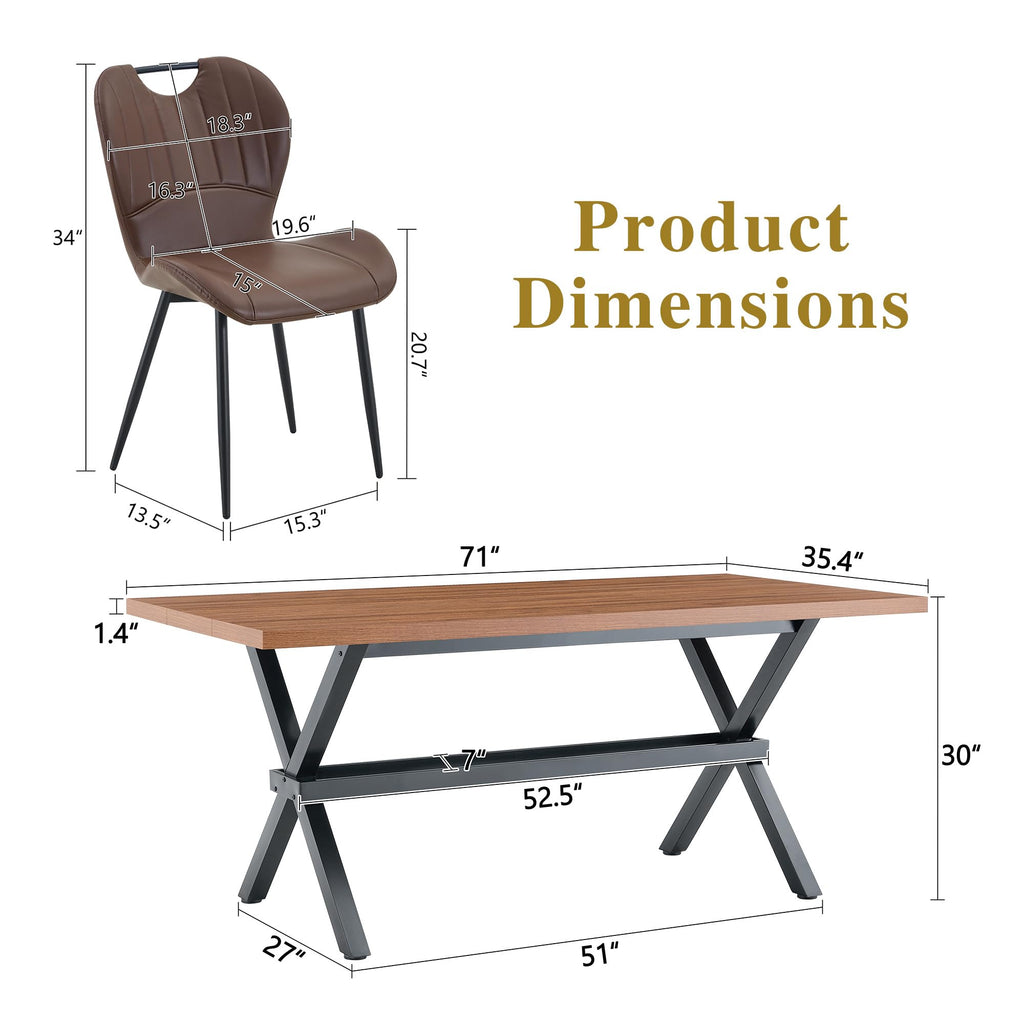 71-inch Dining Table with Chairs Set for 8, Walnut Wood Kitchen Table with Storage Shelf and Metal Legs, Brown PU Chairs Z64143