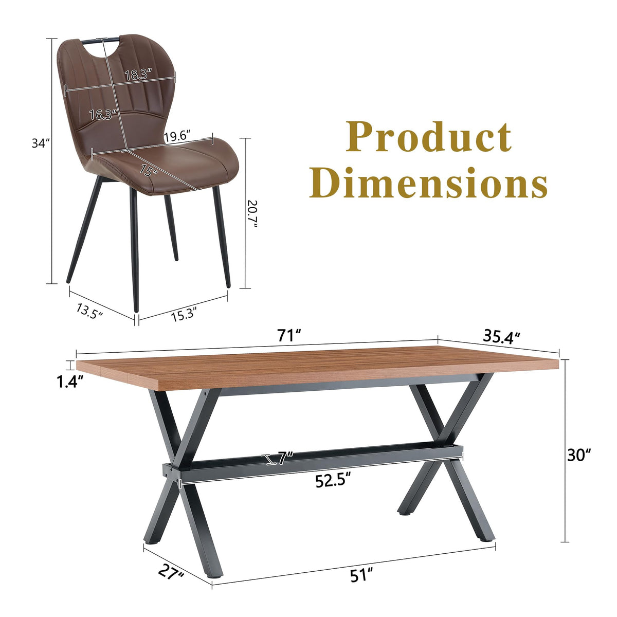 71-inch Dining Table with Chairs Set for 8, Walnut Wood Kitchen Table with Storage Shelf and Metal Legs, Brown PU Chairs Z64143