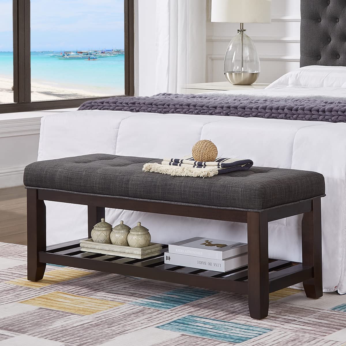 Large Rectangular Upholstered Tufted Linen Ottoman Bench S641636