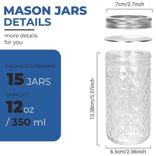 12 oz Regular Mouth Glass Mason Jar 15 Pack Y415