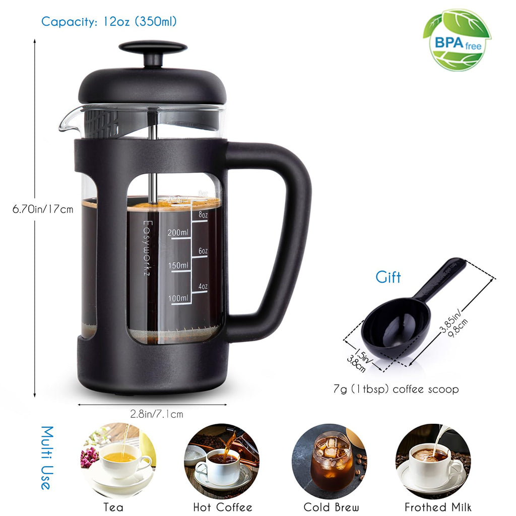 French Press 12 oz, Stainless Steel Double-Wall Espresso Cups 5 oz Set of 2 X8663