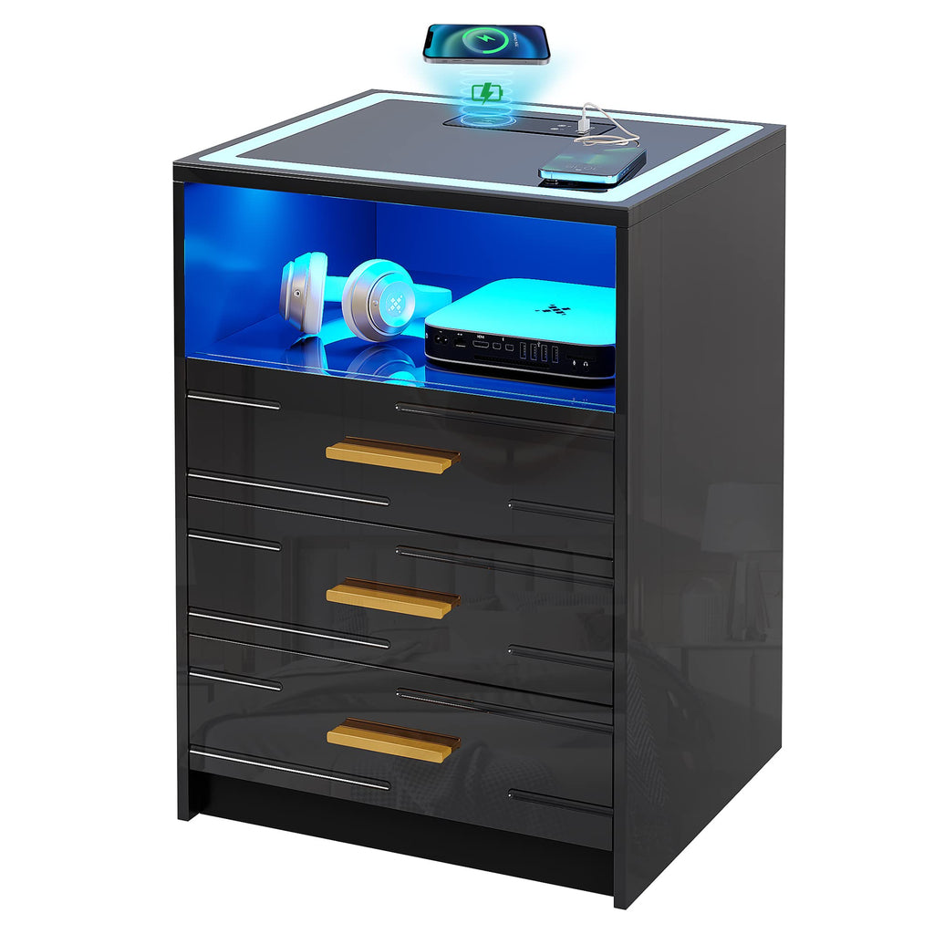 LED Nightstand with Wireless Charging Station, 3 Drawer Bedside Table L568928