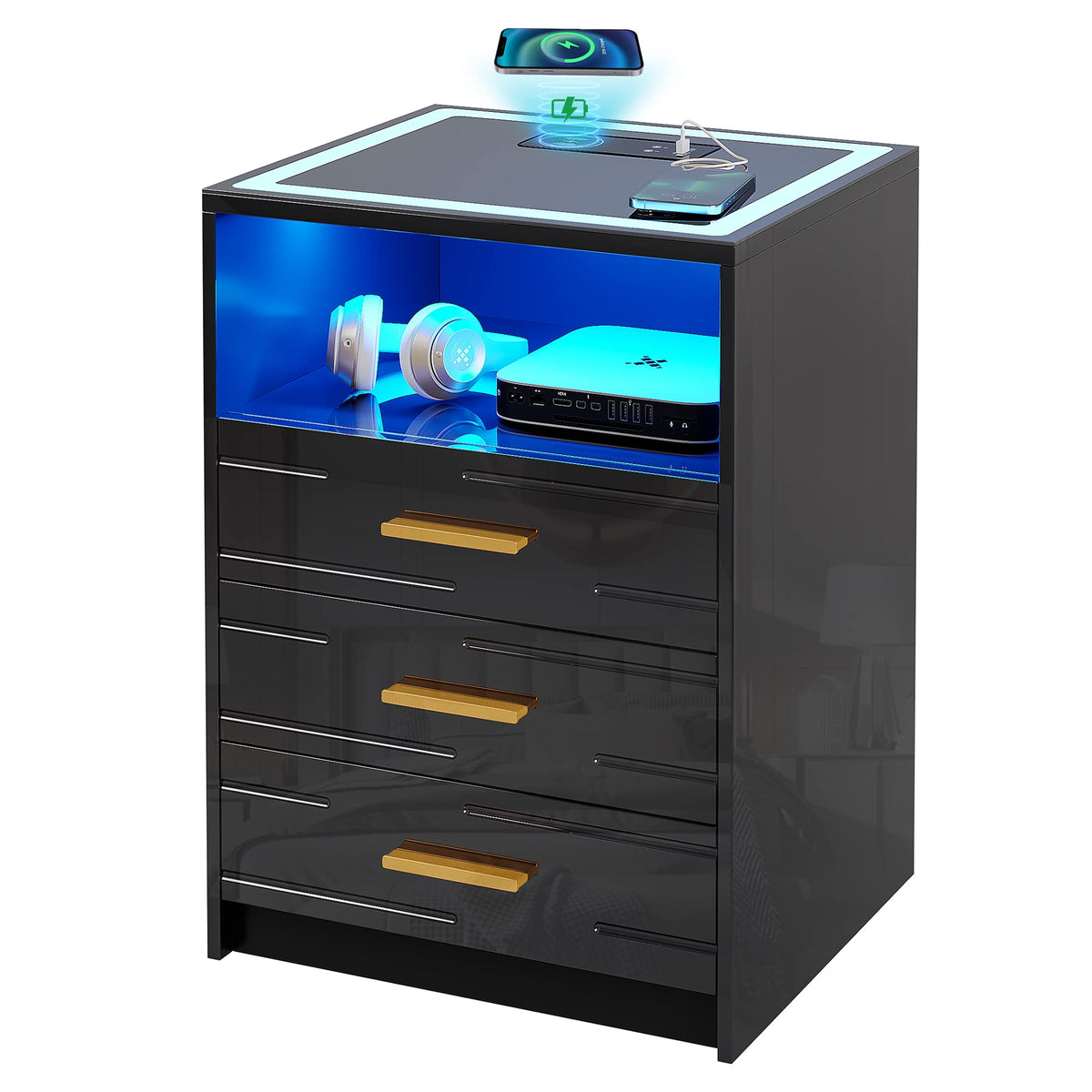 LED Nightstand with Wireless Charging Station, 3 Drawer Bedside Table L568928
