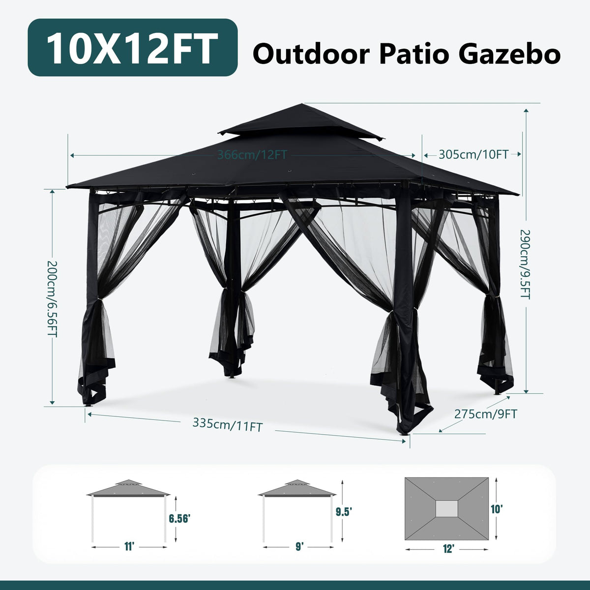10x12 ft Heavy Duty Patio Gazebo with Netting Walls U7206