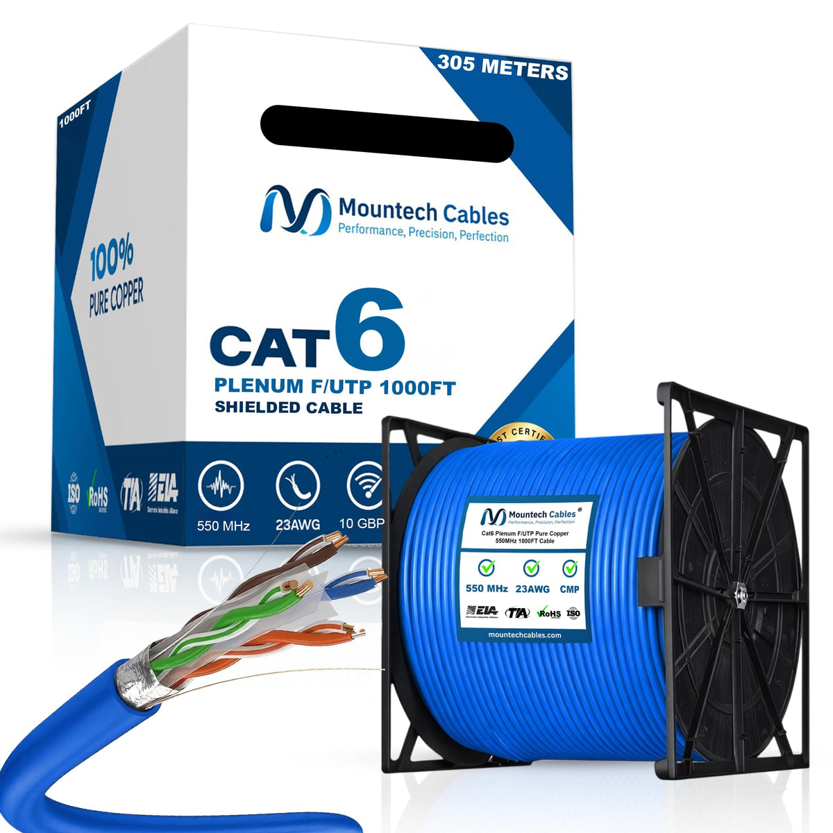 Blue Cat6 Shielded Plenum Ethernet Cable 1000FT W357