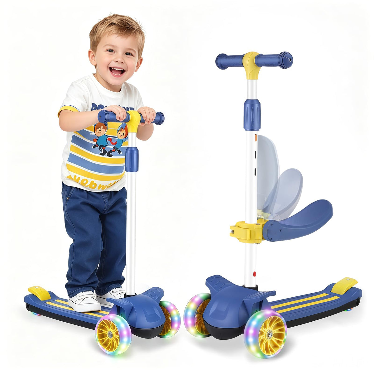 2 in 1 Kids Scooter with Removable Seat, Light up 3 Wheels, 4 Adjustable Height M8183