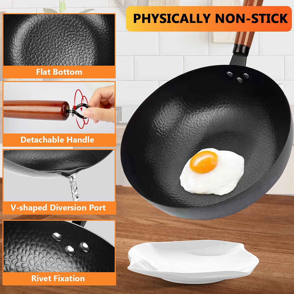14 Piece Carbon Steel Wok Pan Set with Wooden Lid Y87298
