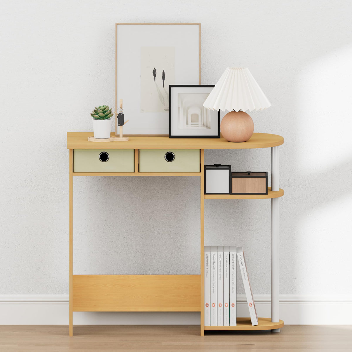 32-Inch Oak Entryway Table with 2 Fabric Drawers X9416