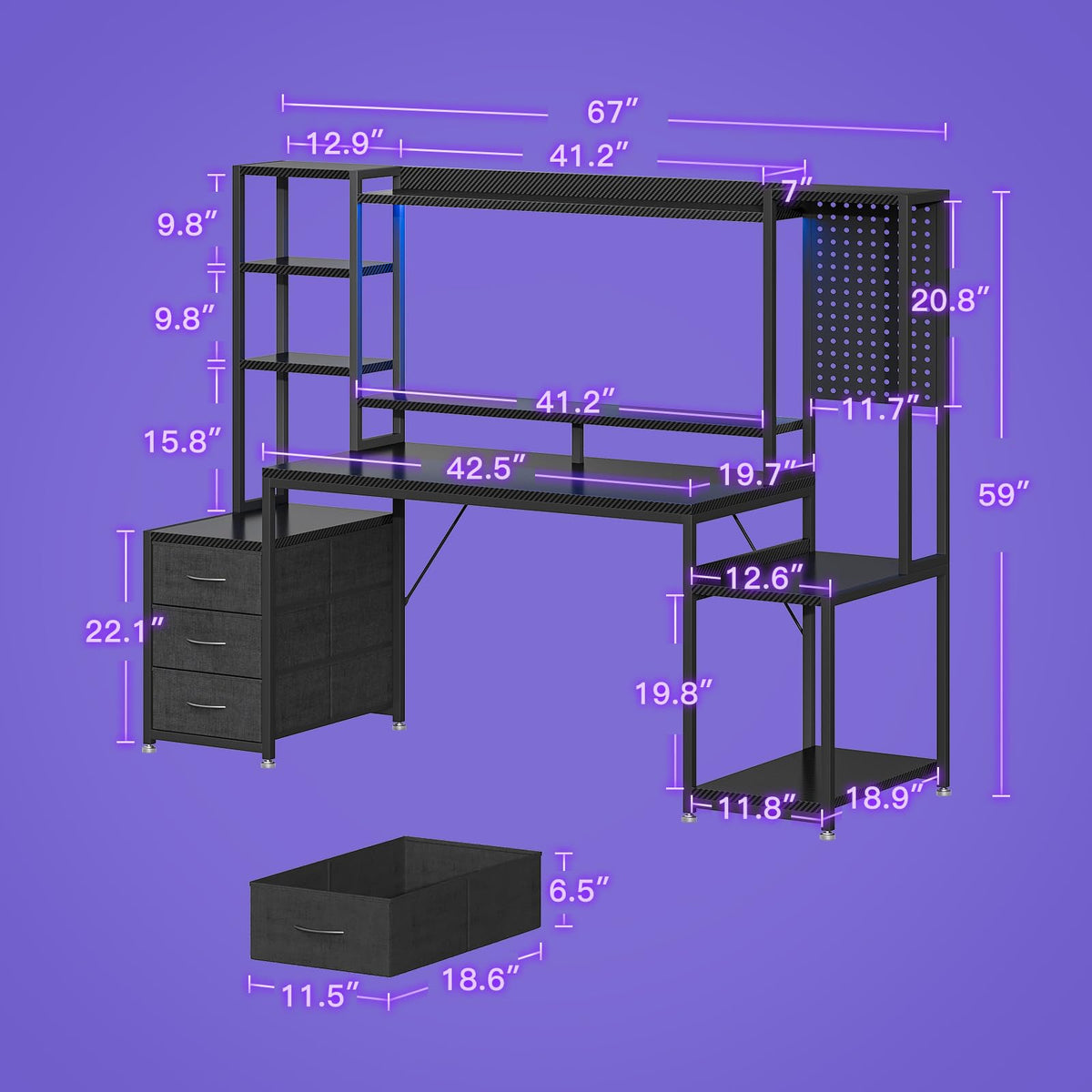 67 Inch Gaming Desk with Storage Shelves, 3 Drawers, LED Lights, Hutch X7641