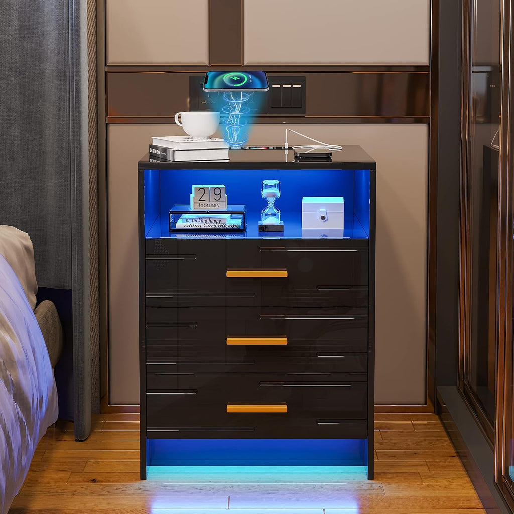 LED Nightstand with Wireless Charging Station, 3 Drawer Bedside Table L568928