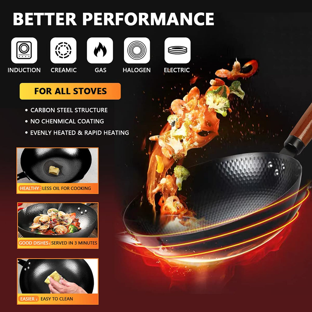 14 Piece Carbon Steel Wok Pan Set with Wooden Lid Y87298