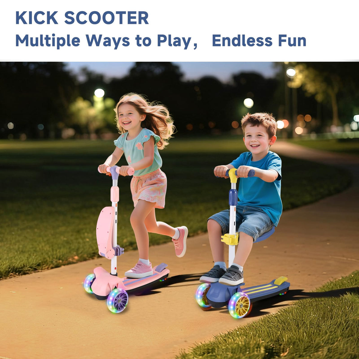 2 in 1 Kids Scooter with Removable Seat, Light up 3 Wheels, 4 Adjustable Height M8183