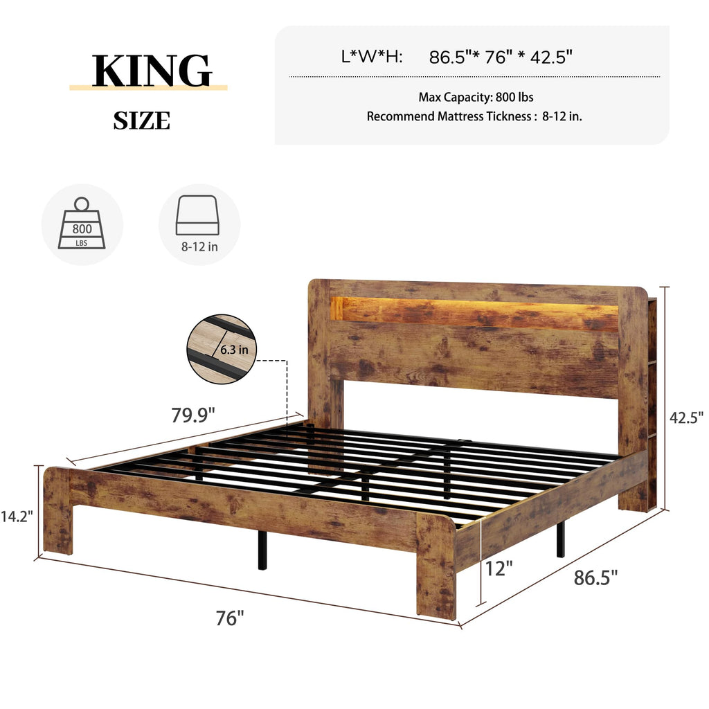 King Size Wooden Bed Frame with Storage Headboard and LED Lights W269262