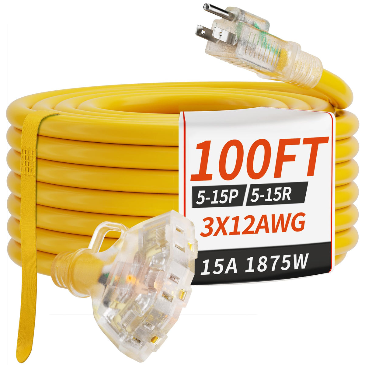 100 FT 12 Gauge Yellow Heavy Duty Outdoor Extension Cord Waterproof G215