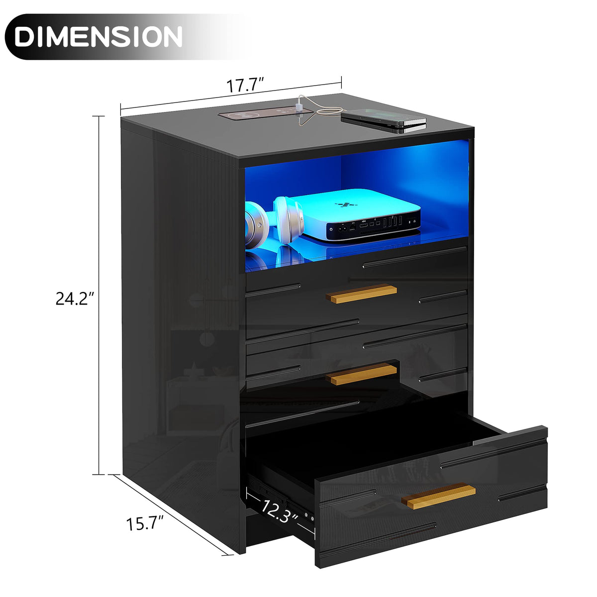 LED Nightstand with Wireless Charging Station, 3 Drawer Bedside Table L568928