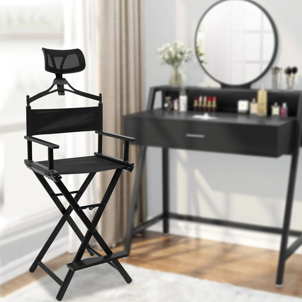 Extra Tall Foldable Makeup Artist Stool Chair with Head Rest C61416