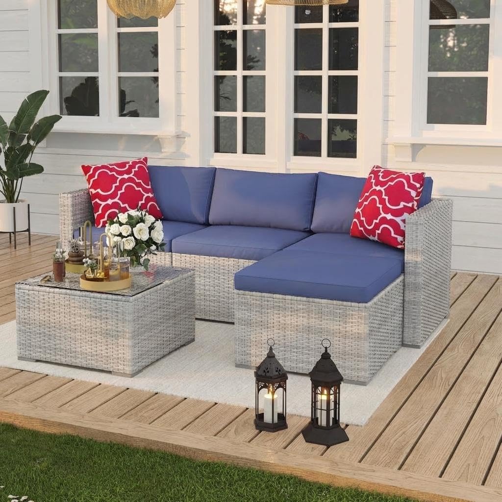 5-Piece Wicker Patio Furniture Set with Cushions & Coffee Table Y11397