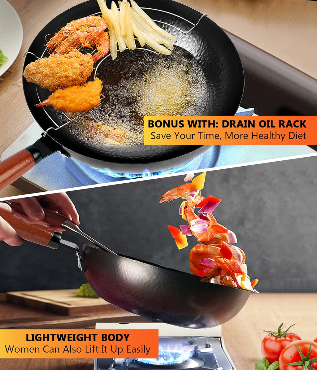 14 Piece Carbon Steel Wok Pan Set with Wooden Lid Y87298