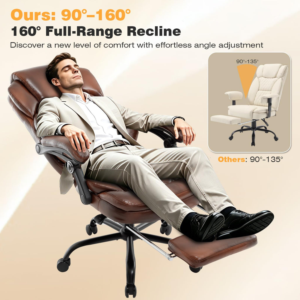 Brown Leather Reclining Office Desk Chair with Foot Rest U693