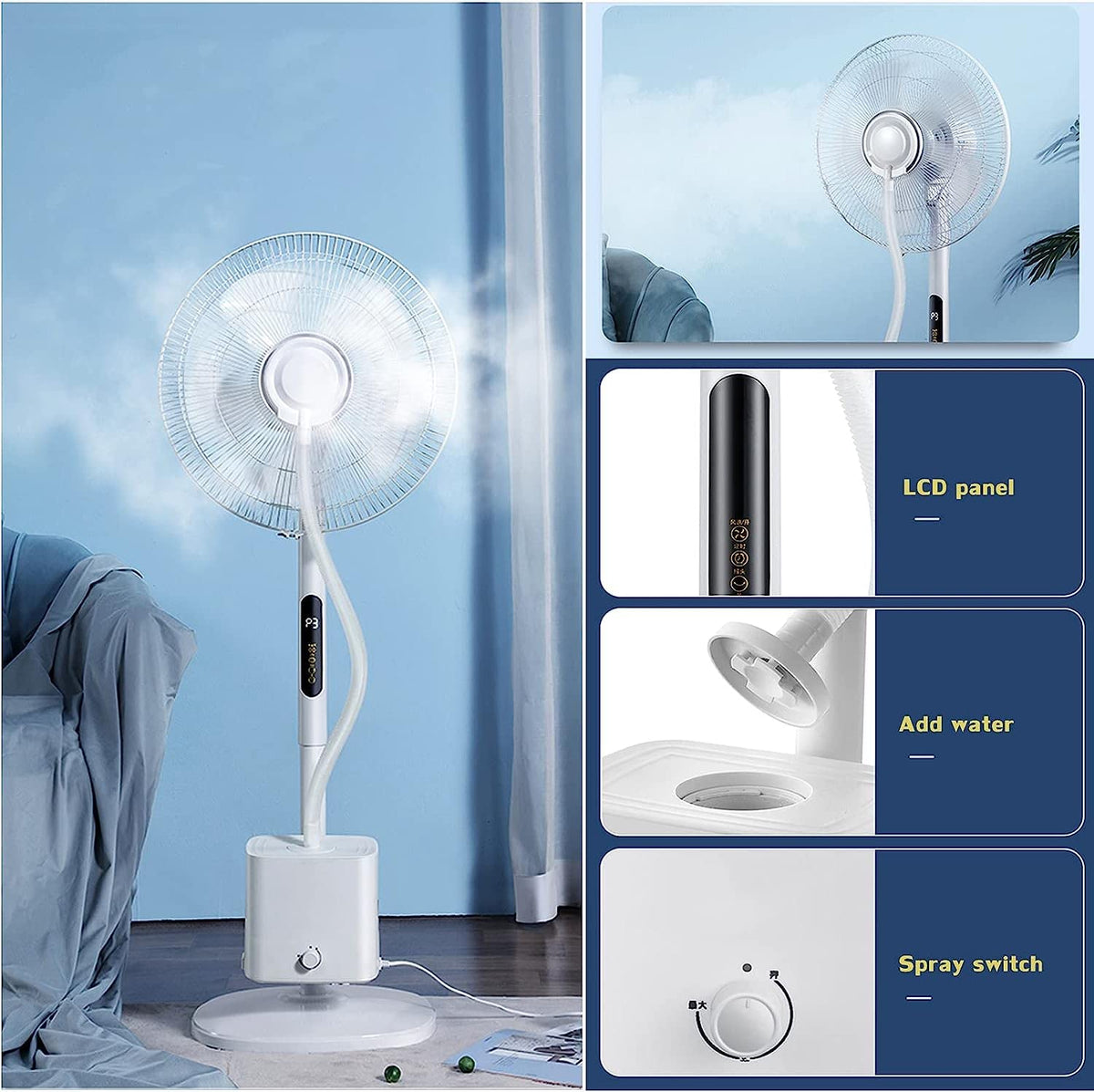 Oscillating Misting Pedestal Fan with Remote Control, 3-Speed, 3 L Water Tank, 16-inch, White X56675