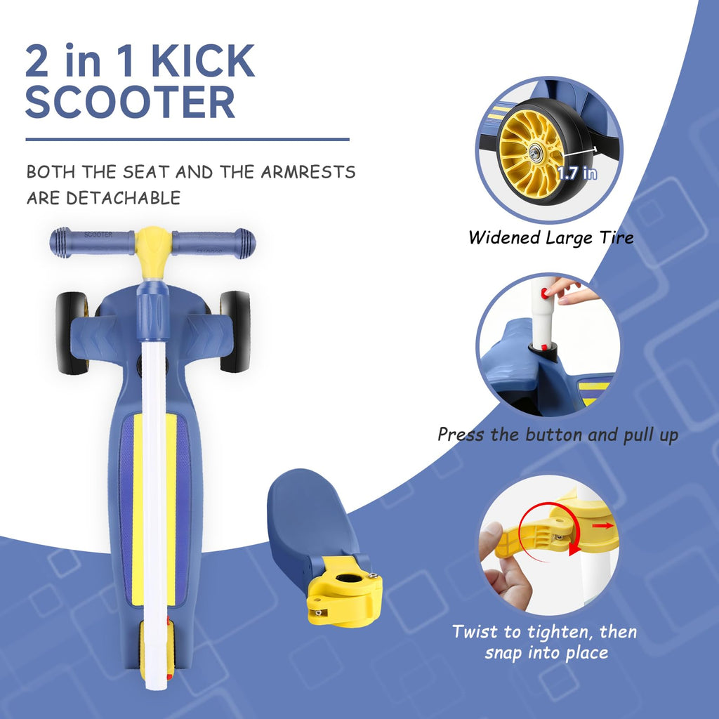 2 in 1 Kids Scooter with Removable Seat, Light up 3 Wheels, 4 Adjustable Height M8183