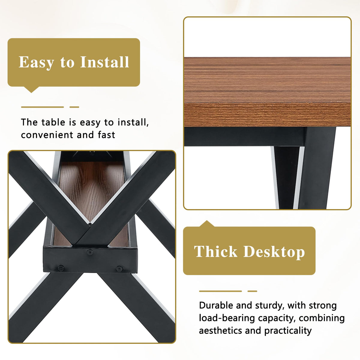 71-inch Dining Table with Chairs Set for 8, Walnut Wood Kitchen Table with Storage Shelf and Metal Legs, Brown PU Chairs Z64143