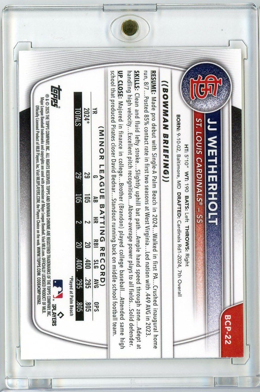 2025 Bowman Chrome JJ Wetherholt #BCP22 /75 Yellow Refractor Rookie Baseball Card K39184