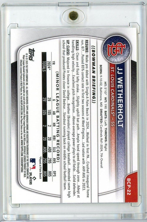 2025 Bowman Chrome JJ Wetherholt #BCP22 /75 Yellow Refractor Rookie Baseball Card K39184