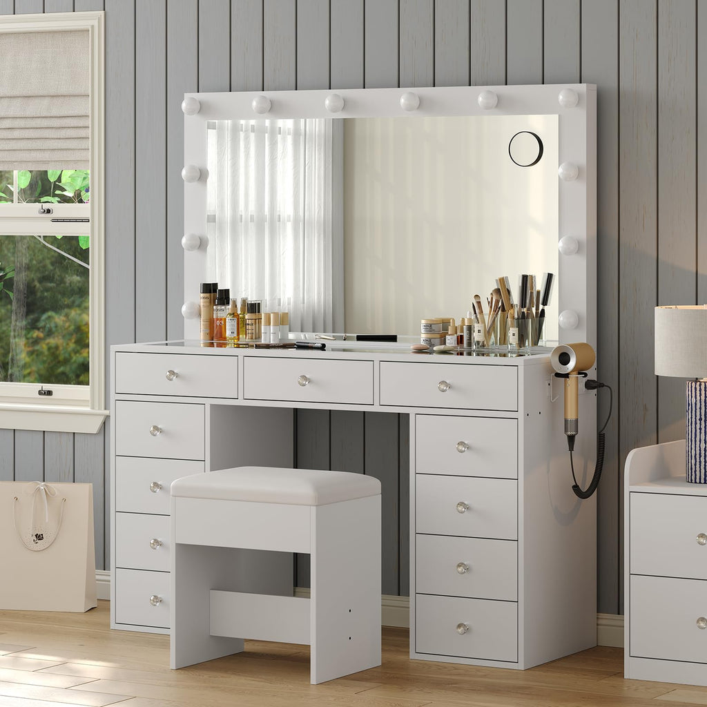 White Vanity Desk with Mirror and Chair L2365