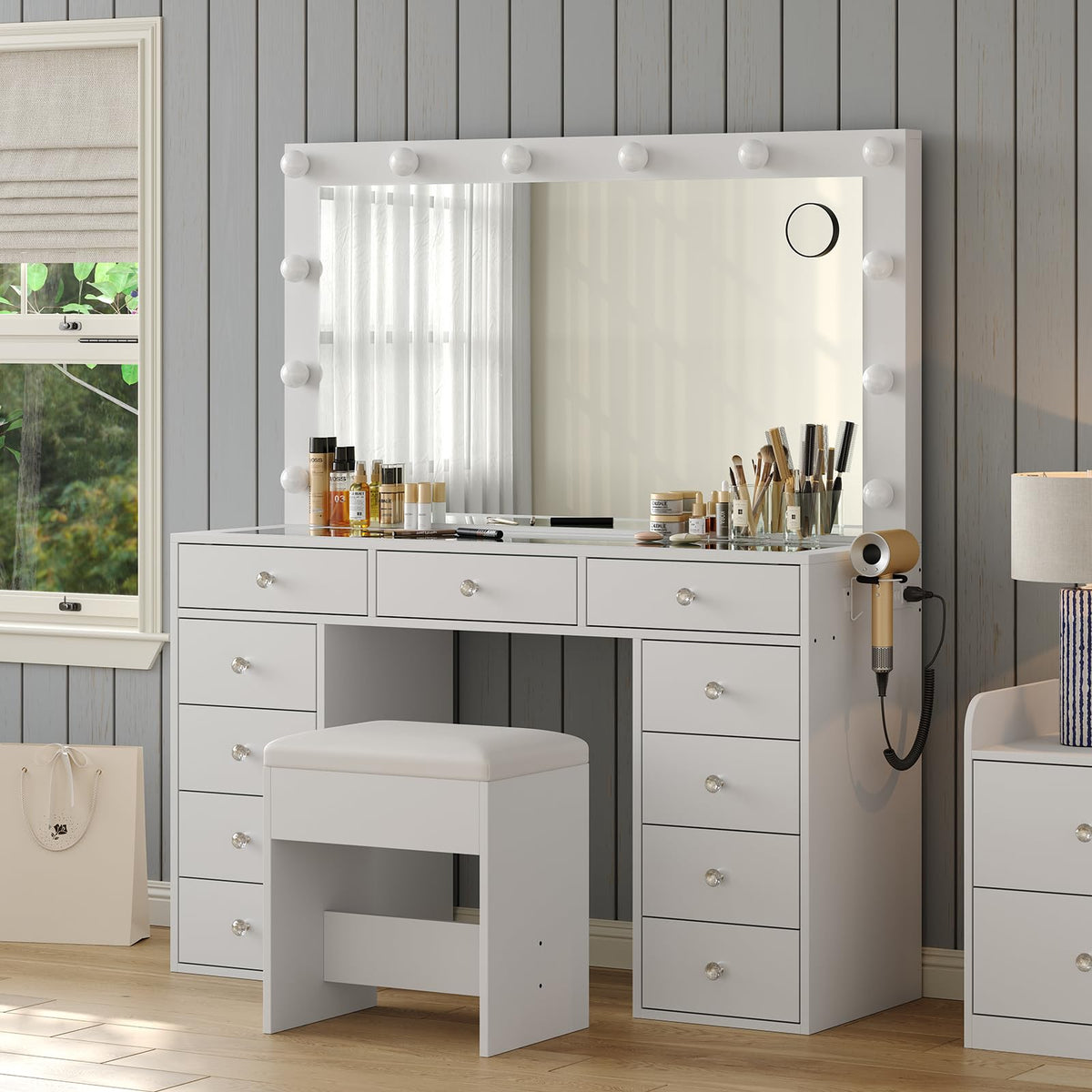 White Vanity Desk with Mirror and Chair L2365