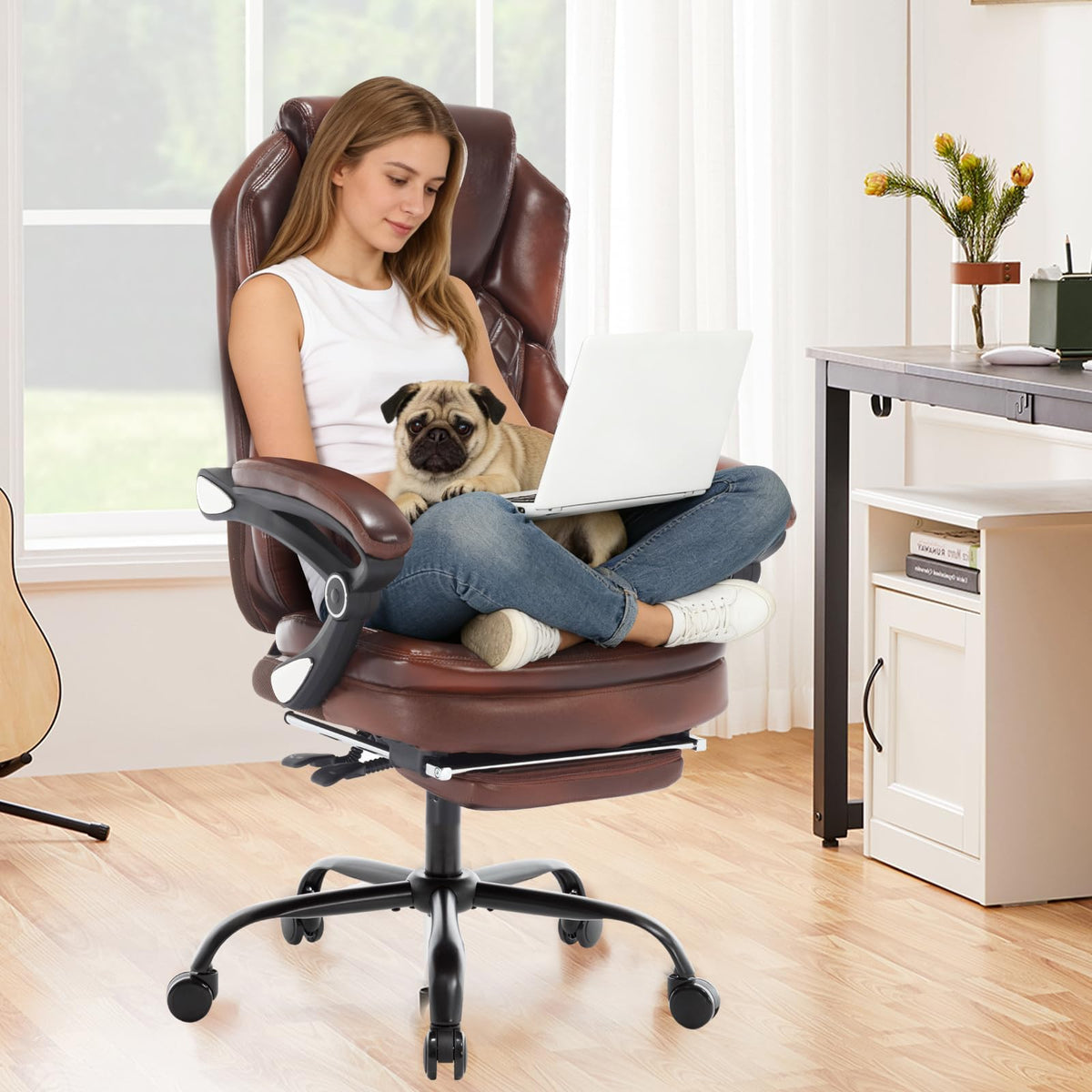 Brown Leather Reclining Office Desk Chair with Foot Rest U693